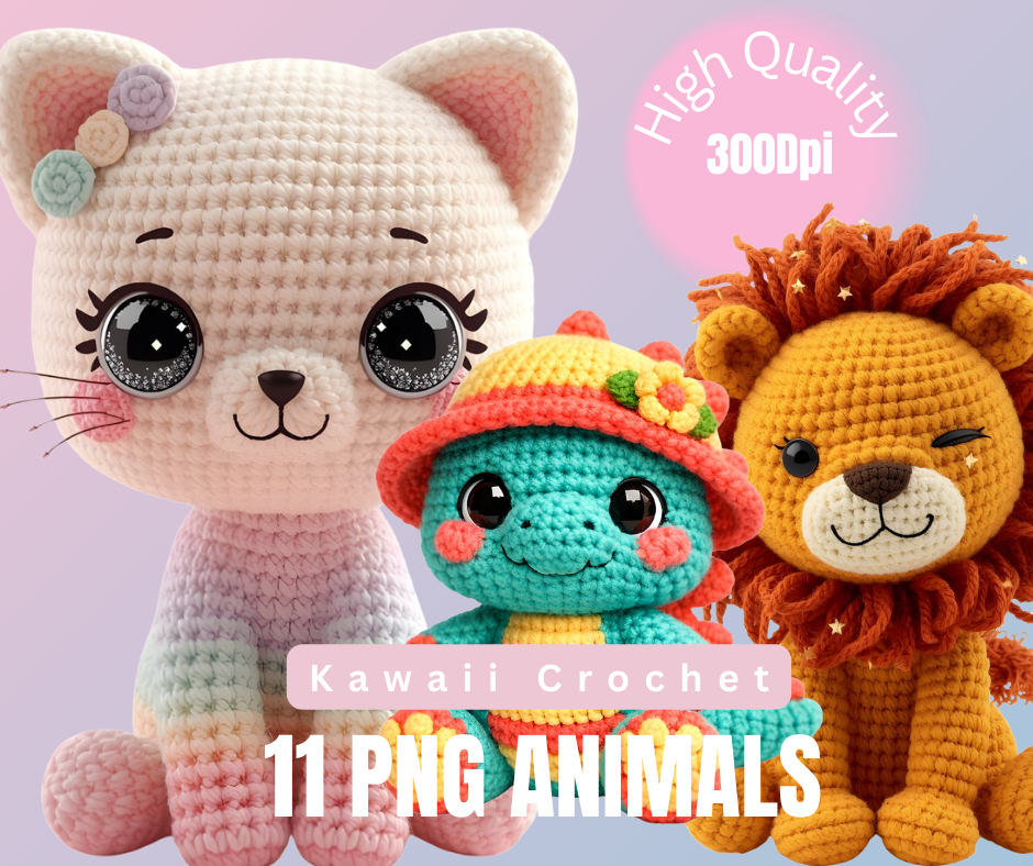 Kawaii Crochet Animals PNG Bundle – 11 Imagenes Alta Resolución