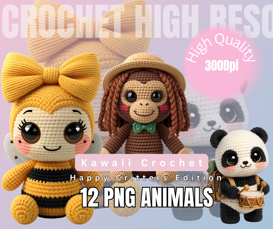 Kawaii Crochet Animals PNG Bundle – 12 Amigurumi Critters, Yarn-Knit Look (Digital Download)